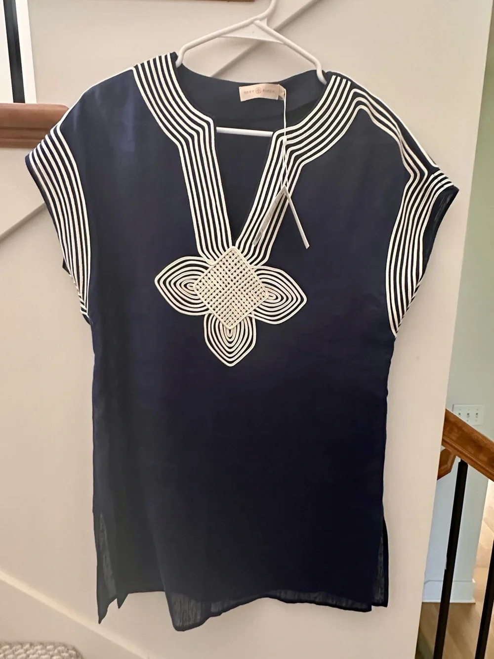 Tory Burch Navy Swim Cover-Up with Cream Embroidered Neckline